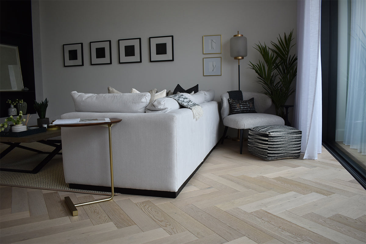 Brushed White UV Oiled Oak Herringbone Parquet