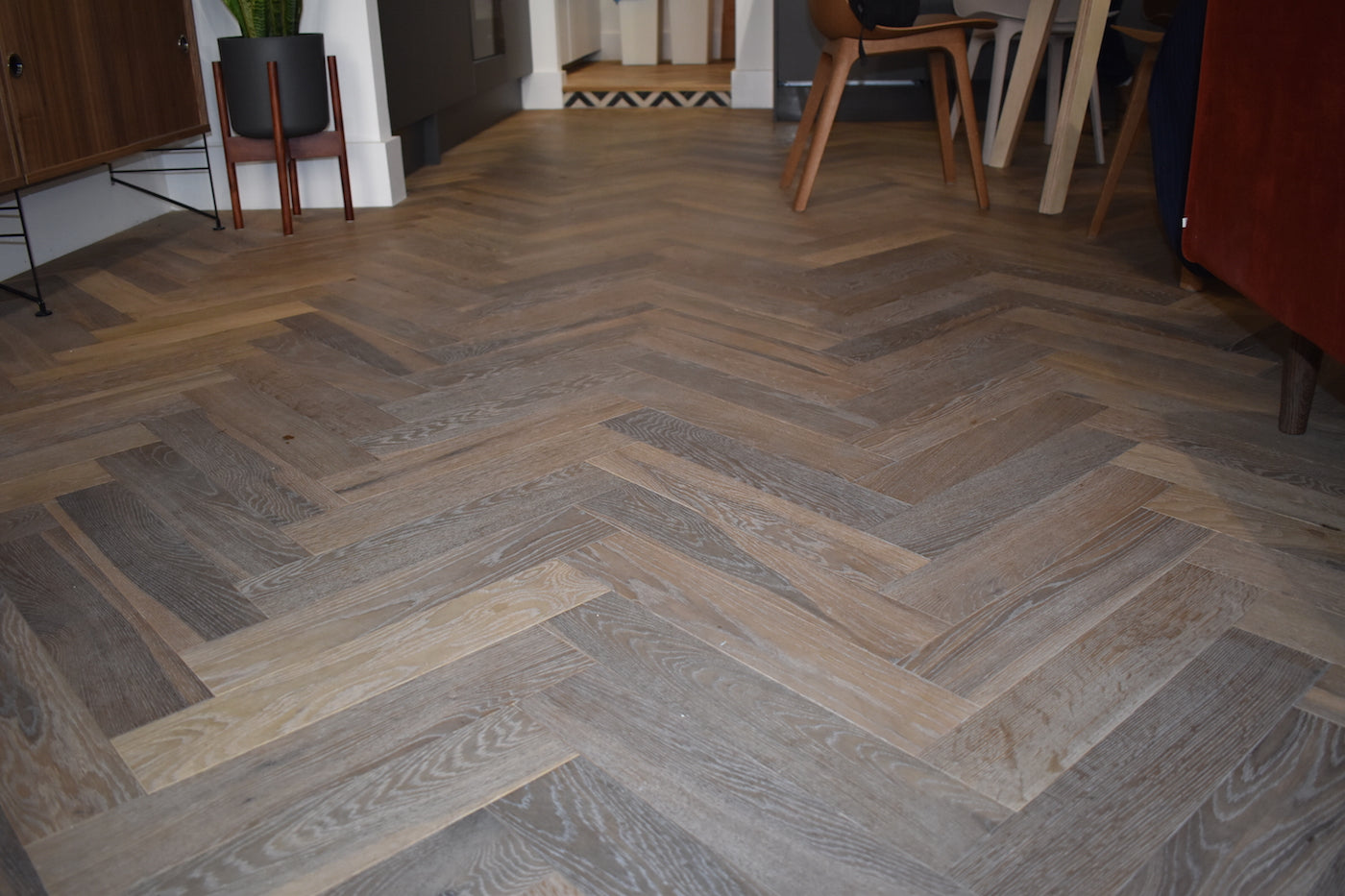 Brushed Fumed UV Oiled Rustic Oak Herringbone Parquet