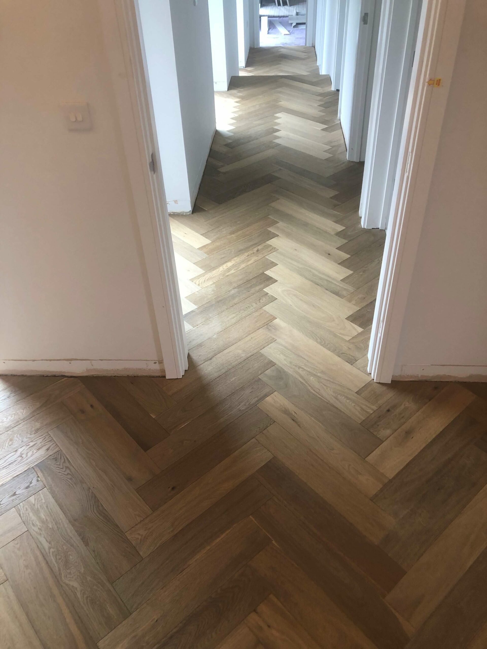 Double Brushed Fumed UV Oiled Grey Toned Oak Herringbone Parquet