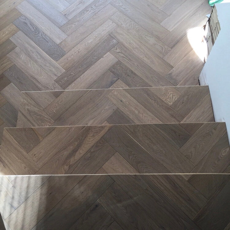 Double Brushed Fumed UV Oiled Grey Toned Oak Herringbone Parquet