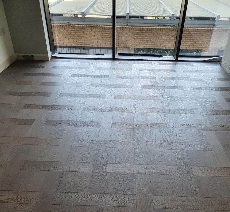 Brushed Pearl Grey UV Oiled Oak Basketweave Parquet