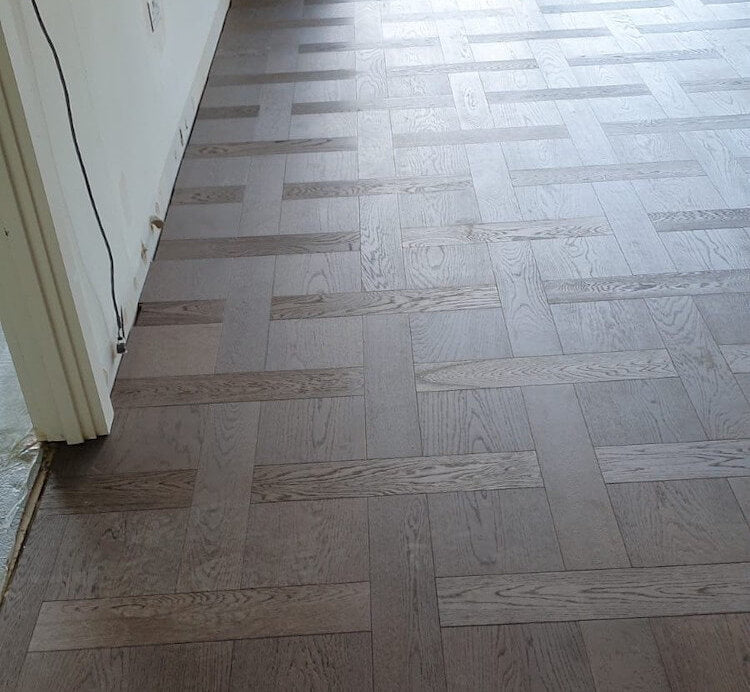 Brushed Pearl Grey UV Oiled Oak Basketweave Parquet