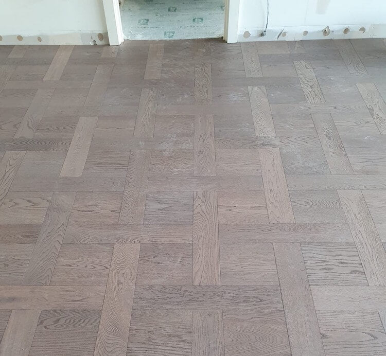 Brushed Pearl Grey UV Oiled Oak Basketweave Parquet