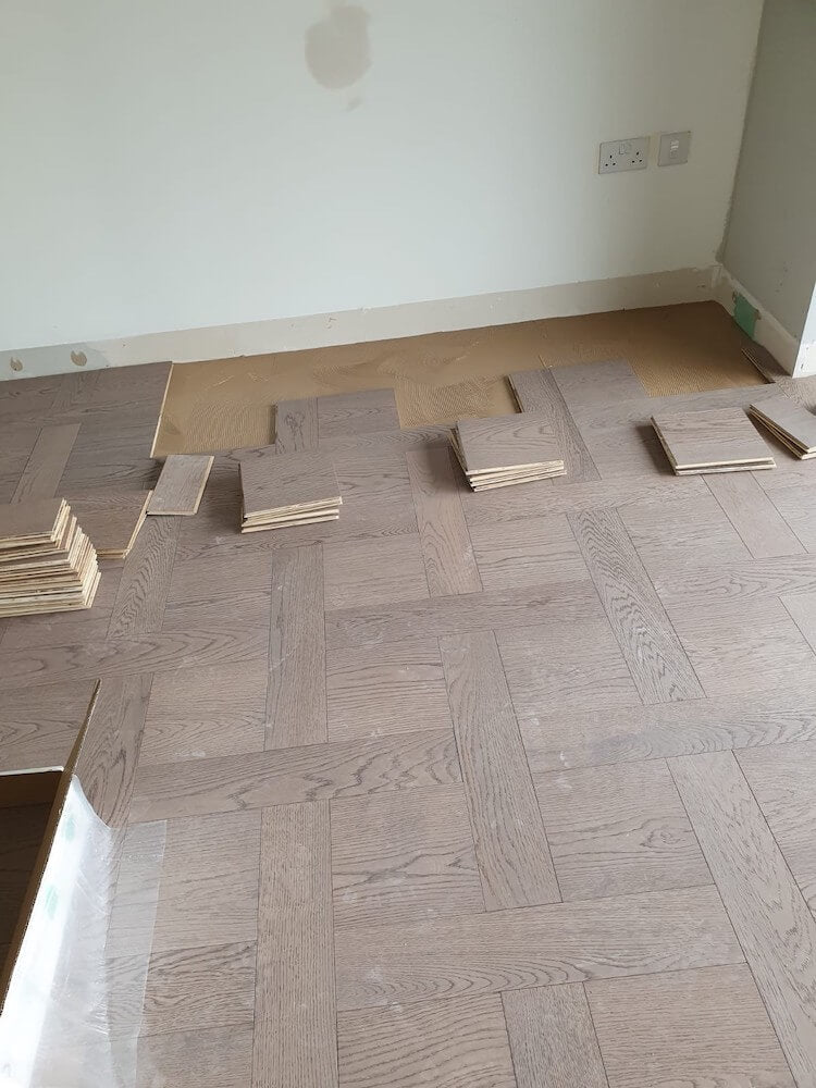 Brushed Pearl Grey UV Oiled Oak Basketweave Parquet