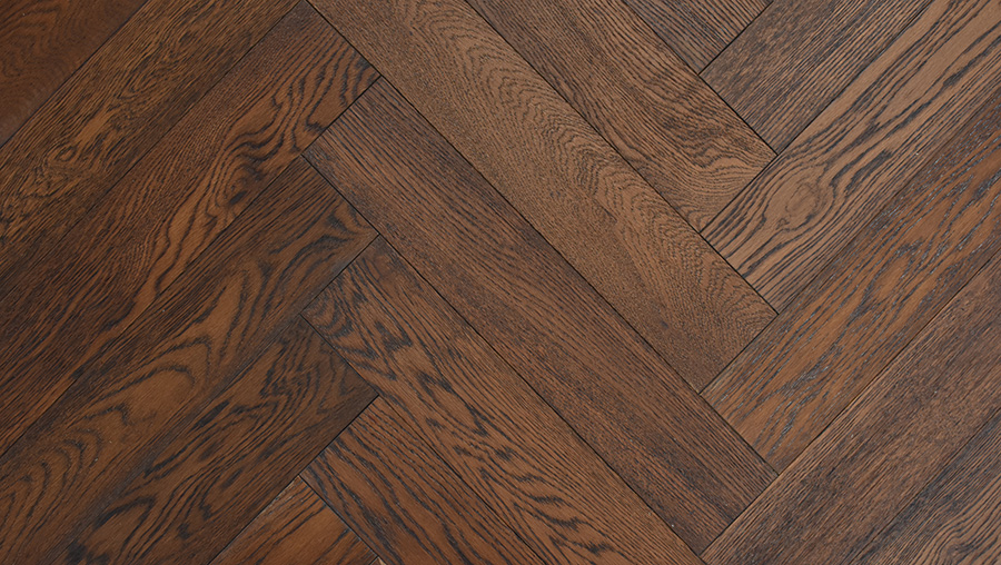 Narrow Brushed Antique Smoked UV Oiled Oak Herringbone Parquet