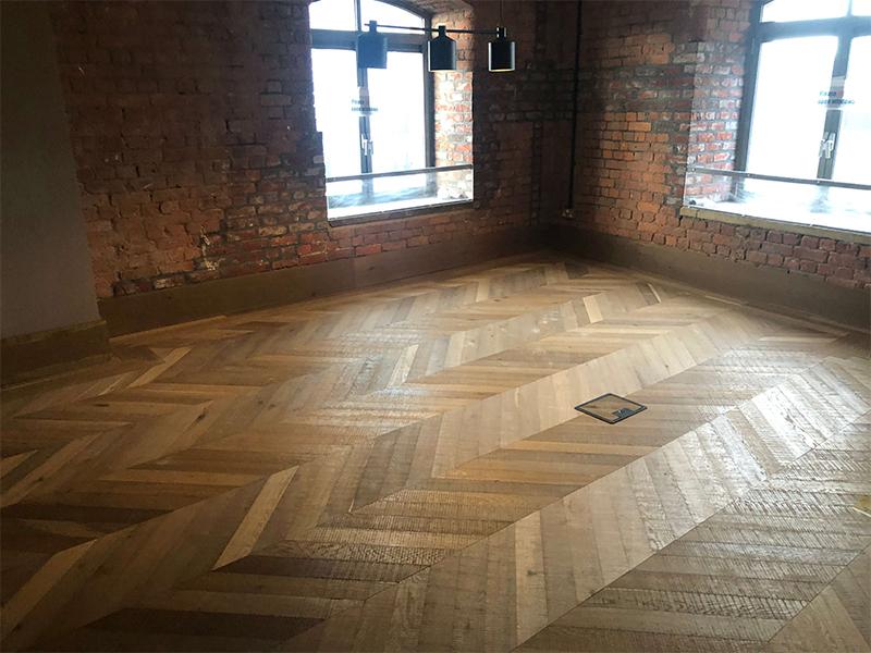 Band Sawn Fumed UV Oiled Oak Chevron Parquet