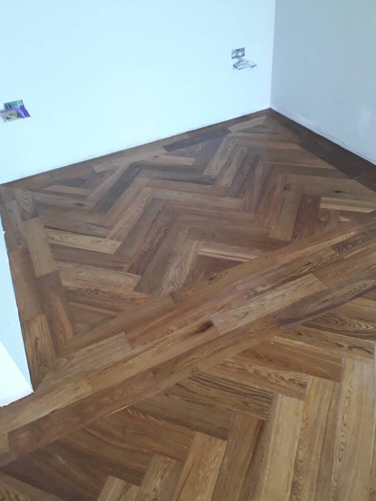 Double Brushed Fumed UV Oiled Honeyed Oak Herringbone Parquet