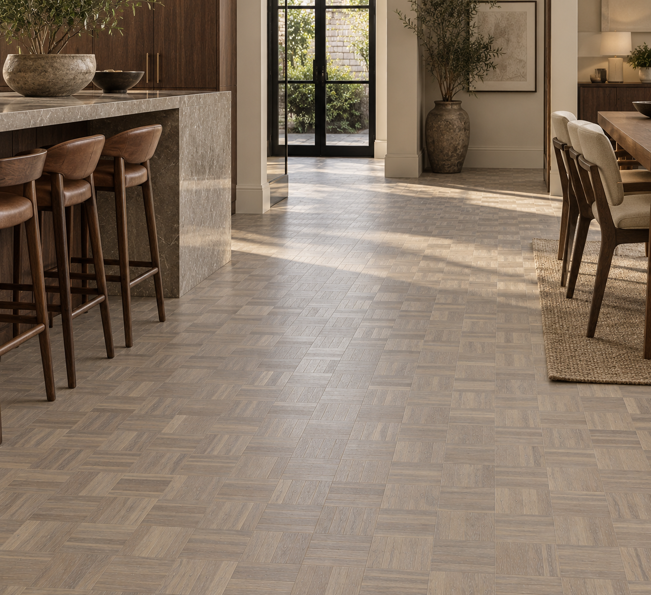 Warm Minimalist Parquet Kitchen Interior